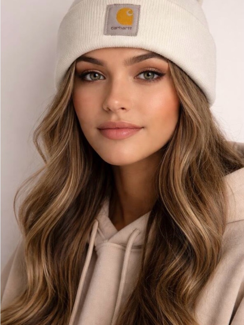 Carhartt Cream Ribbed Beanie with Yellow Logo Patch
